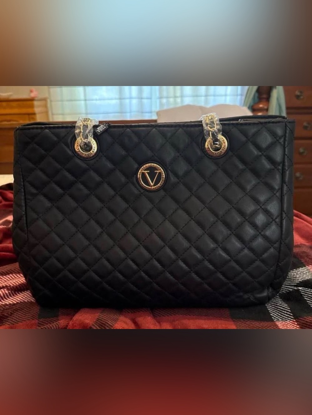 Quilted Black Tote with Gold Accent Logo